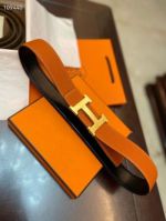 1:1  Hermes Orange& Black Leather Belt  with Gold 'H' buckle Palladium Buckle 3.8cm